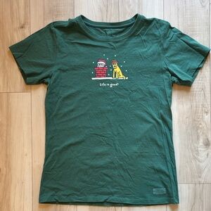 Life Is Good Women’s Forest Green Tee with Santa and Dog Graphic
